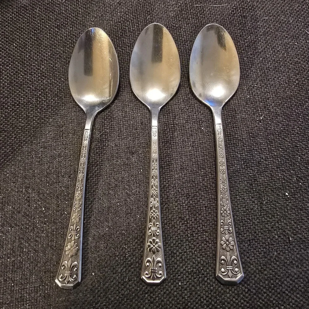 Interpur FLORENZ Stainless 3 Tea Spoons‎ Black Textured 8 Petal Flatware E24G